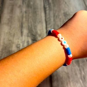 Bracelet / jewelry! Red and blue clay bead with pearls charms are heart ❤️ 💙